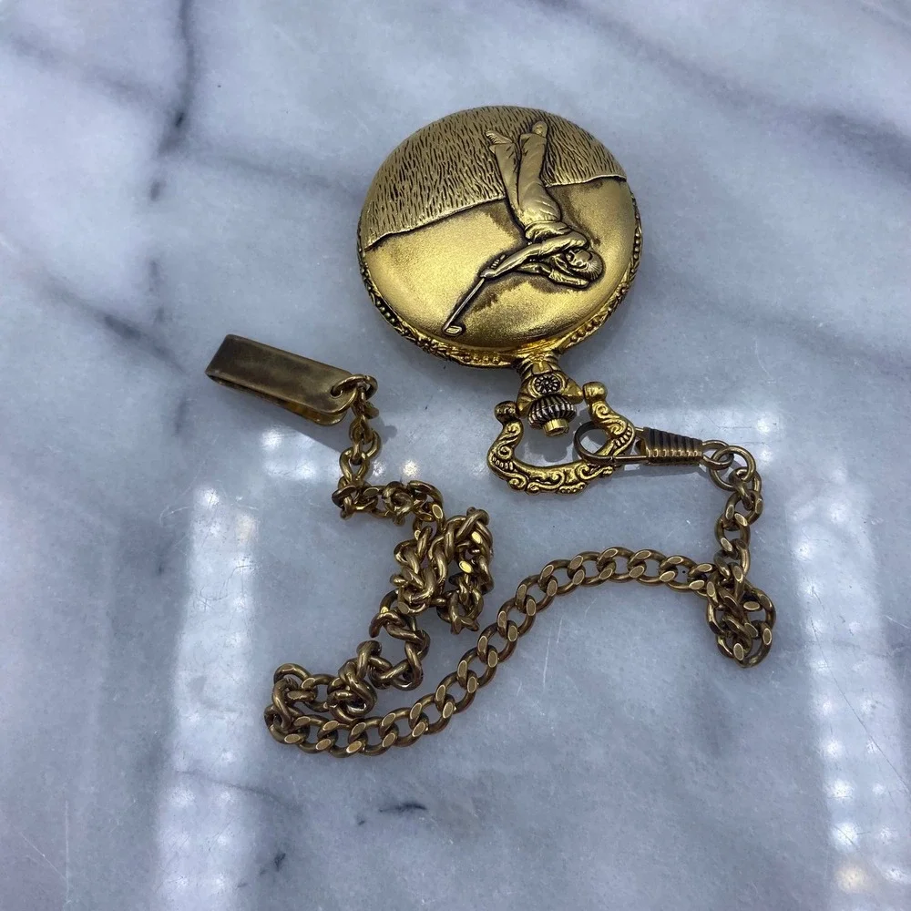 Milan Mens Pocket Watch Gold Golfer Relief Quartz Hunter Case Chain Clip Club